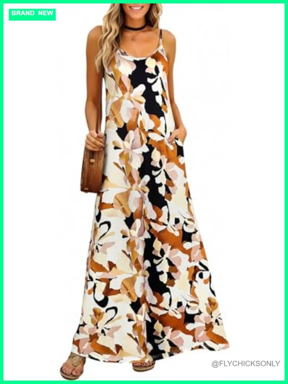 Bohemian Spaghetti Strap V-Neck Maxi Dress with Pockets